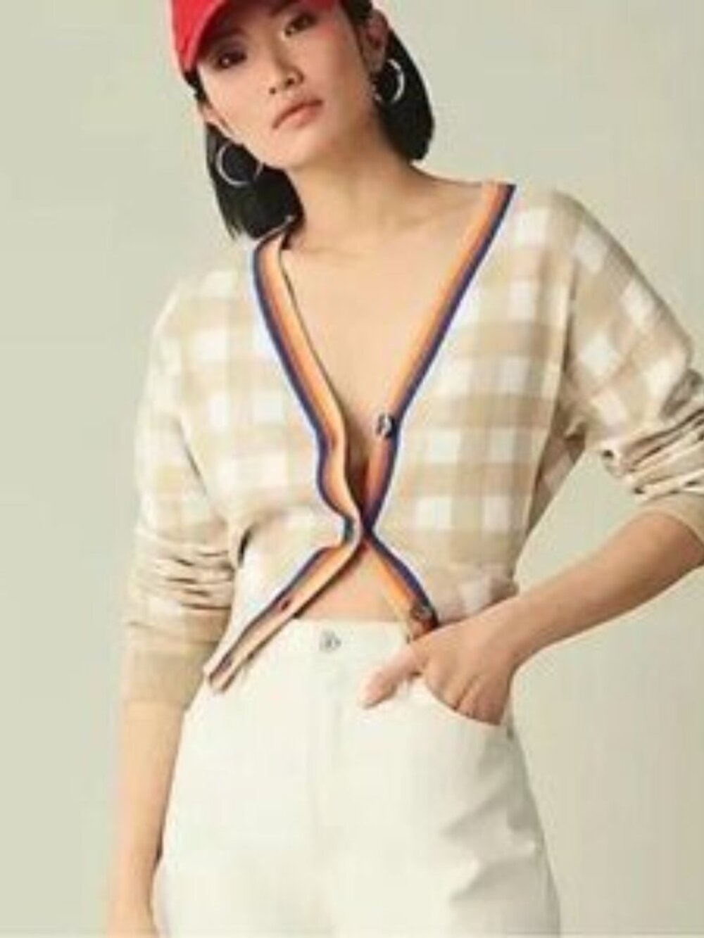 Kule beige+white checkered cardigan - L